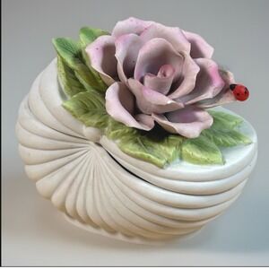 Vintage Ceramic Trinket Box Rose Ladybug Seashell Lid Georgian Fine Porcelain